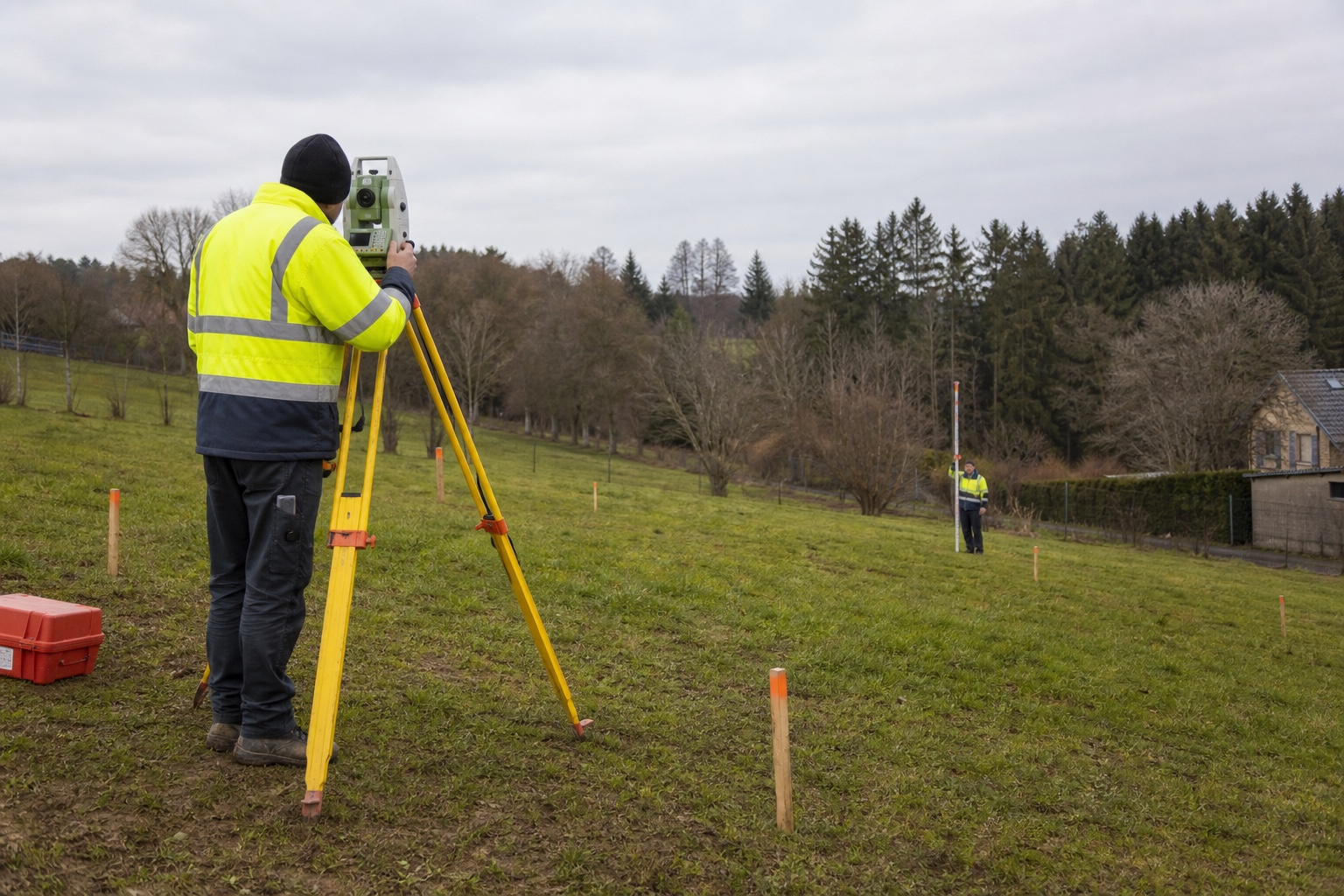 Geodeta mierzący spadek terenu pod instalację fotowoltaiczną